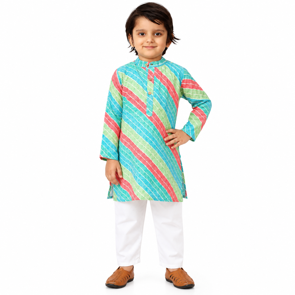 Colourful Cotton Diagonal Stripe Kurta with White Pants