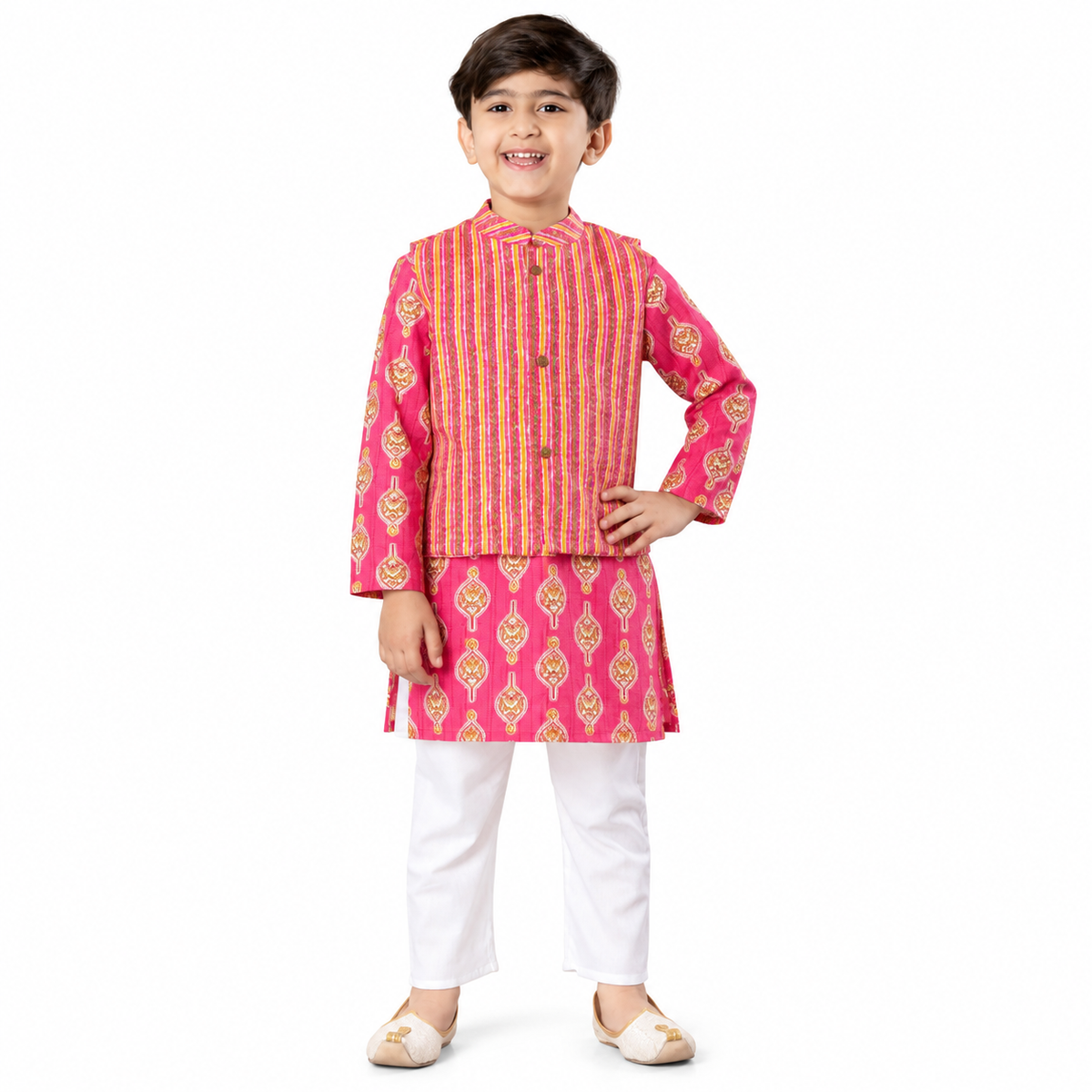 Pink Ethnic Kurta Set with Striped Nehru Jacket