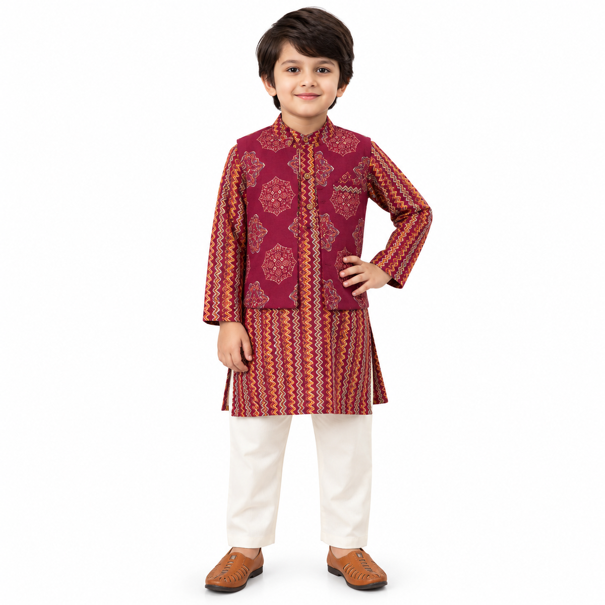 Maroon Striped Cotton Kurta with Printed Jacket and Off White Pants
