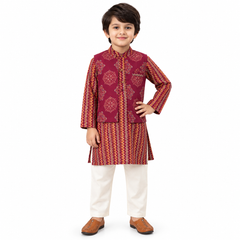 Maroon Striped Cotton Kurta with Printed Jacket and Off White Pants
