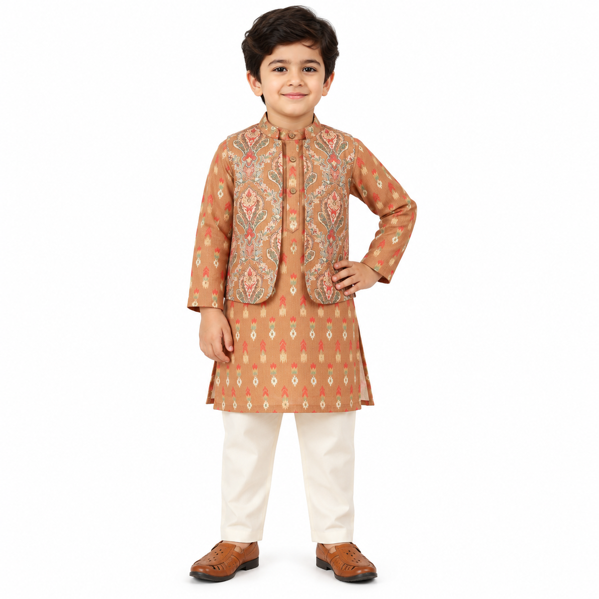 Ethnic Kurta Pyjama Set with Printed Nehru Jacket Brown
