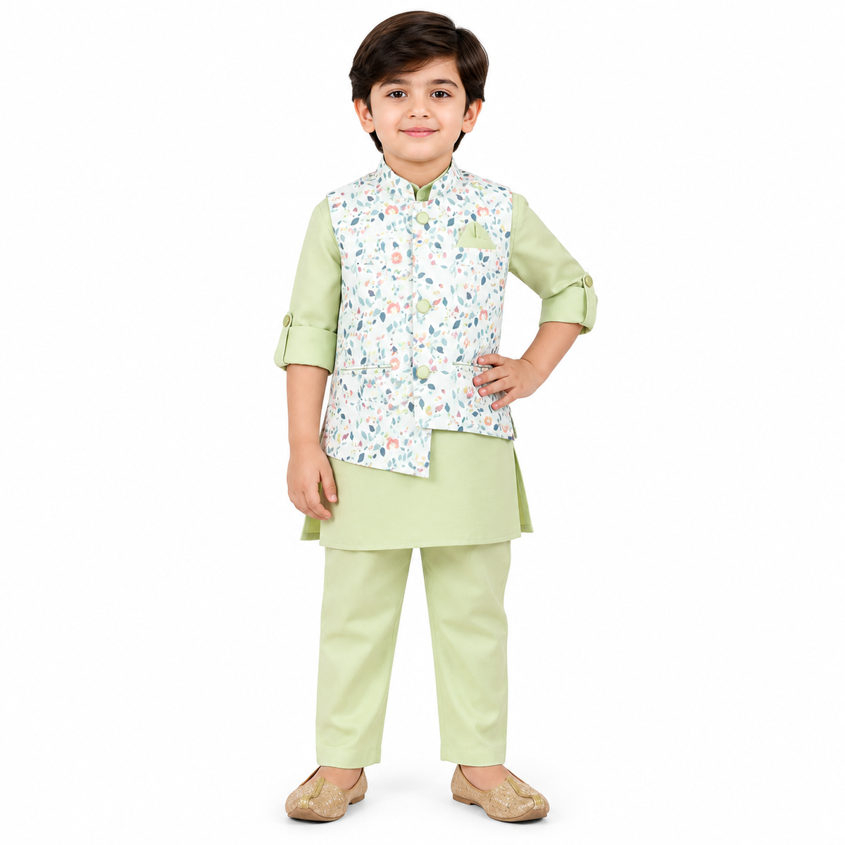 Light Green Kurta with Floral Pista Green Jacket
