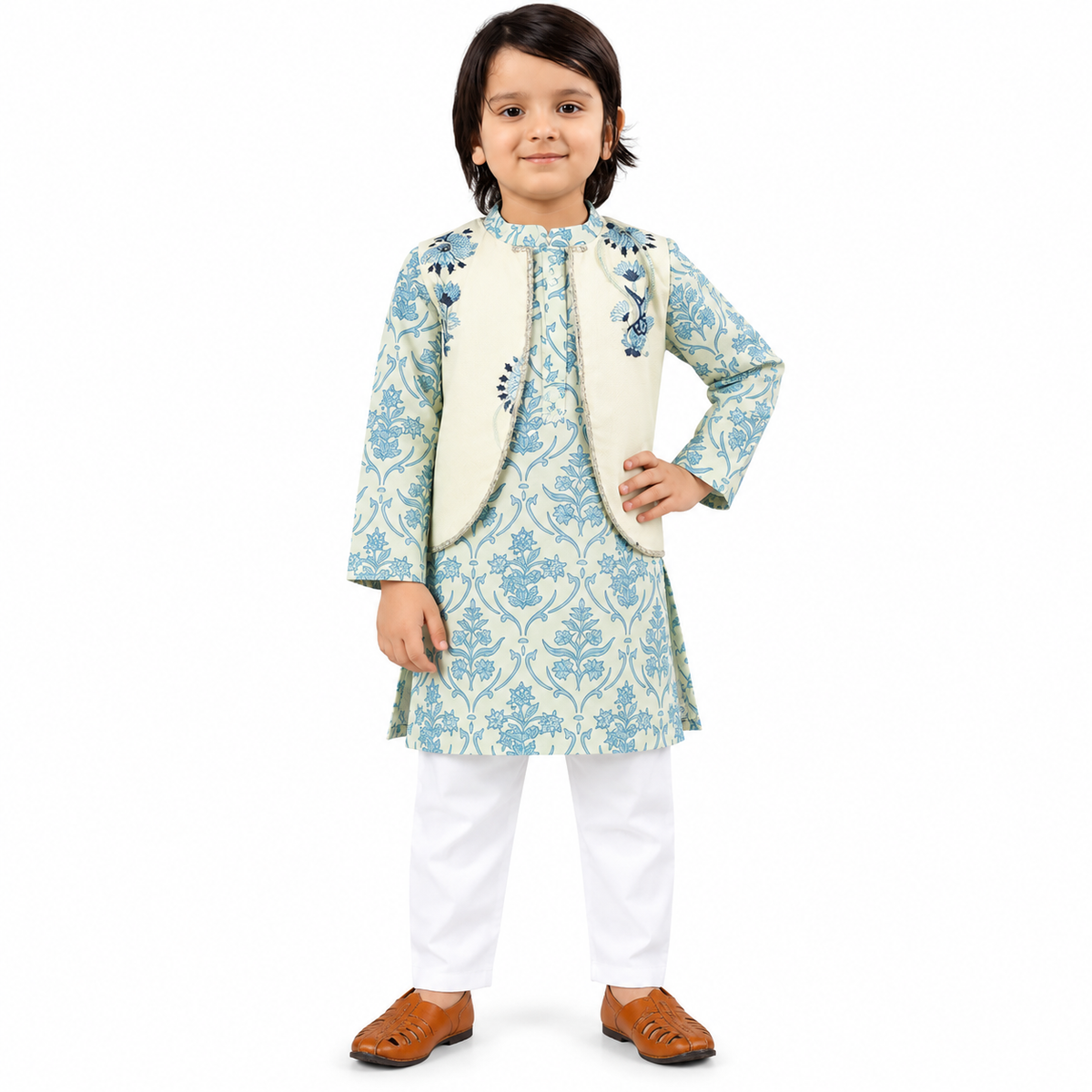 Light Blue Printed Kurta with White Pyjama & Embroidered Nehru Jacket Set