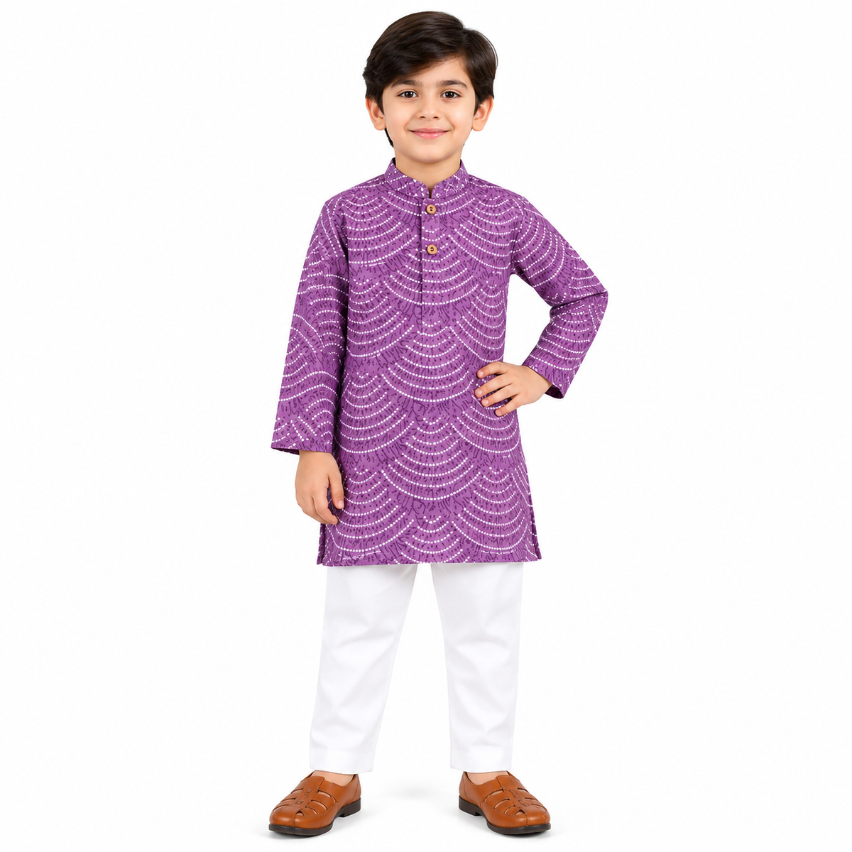 Purple Cotton Kurta Set with White dots Boy