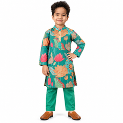 Green Kurta Set with Lotus Flowers Boy