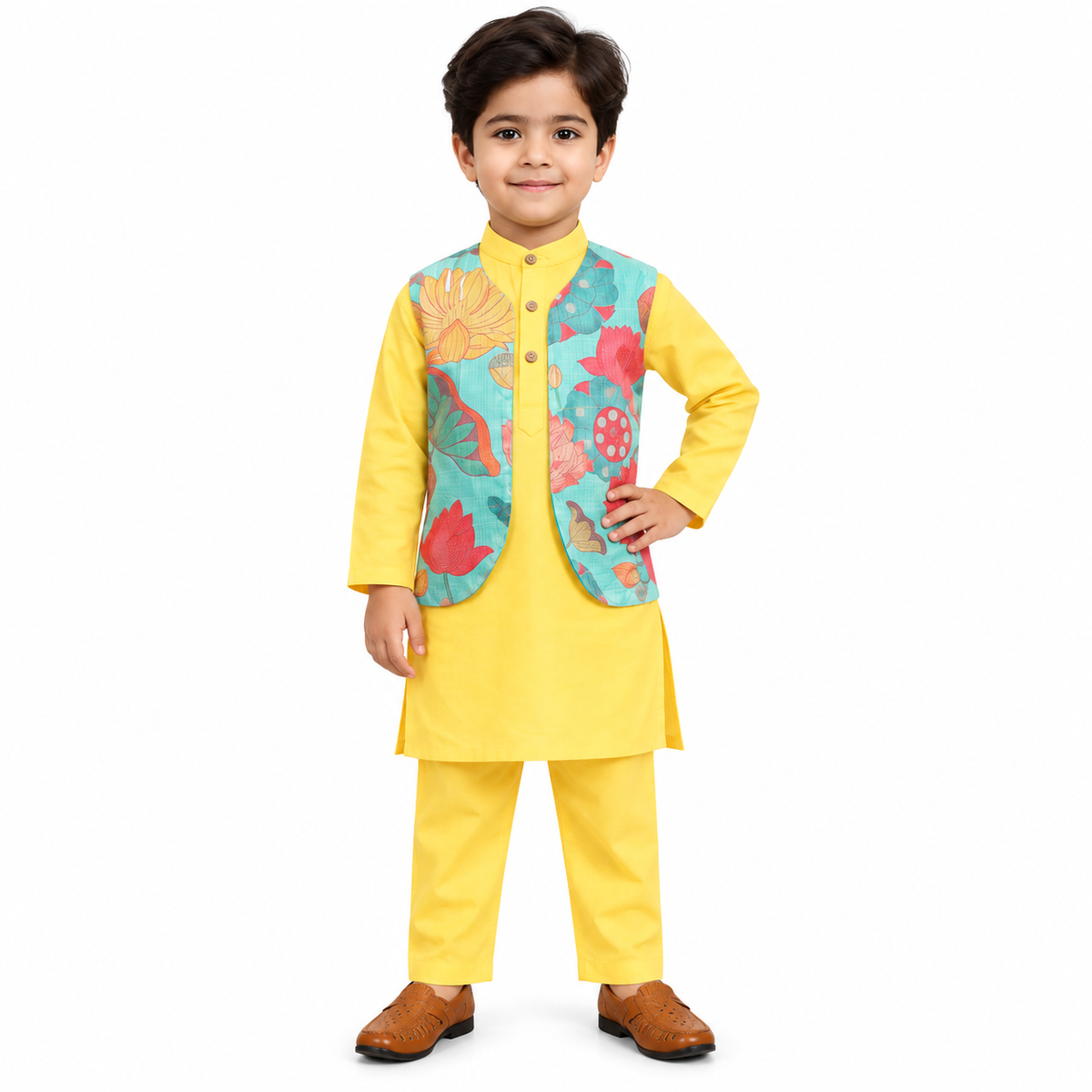 Yellow Cotton Kurta Set with Green Leaf Jacket Boy