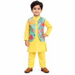 Yellow Cotton Kurta Set with Green Leaf Jacket Boy