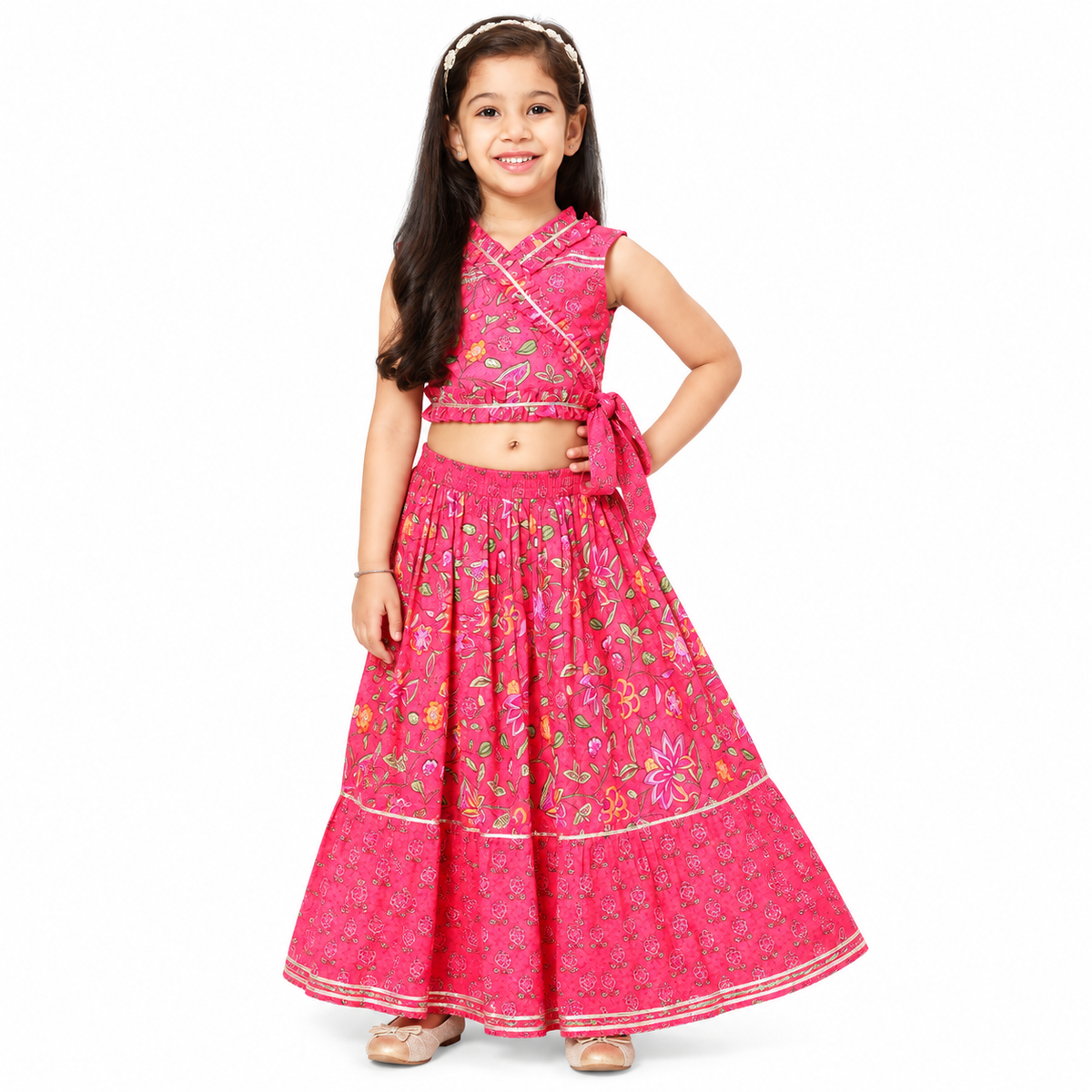 Pink Embroidered Lehenga Choli Set with Wrap Style Top