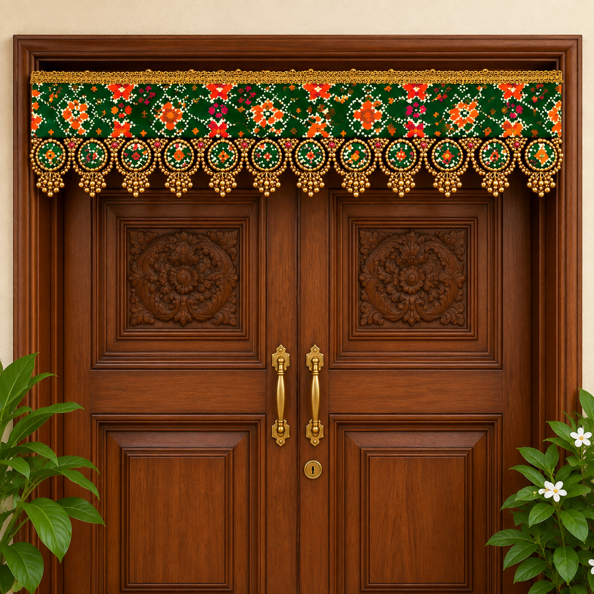 Handcrafted Emerald Heritage Toran with Antique Gold Bead Embellishments