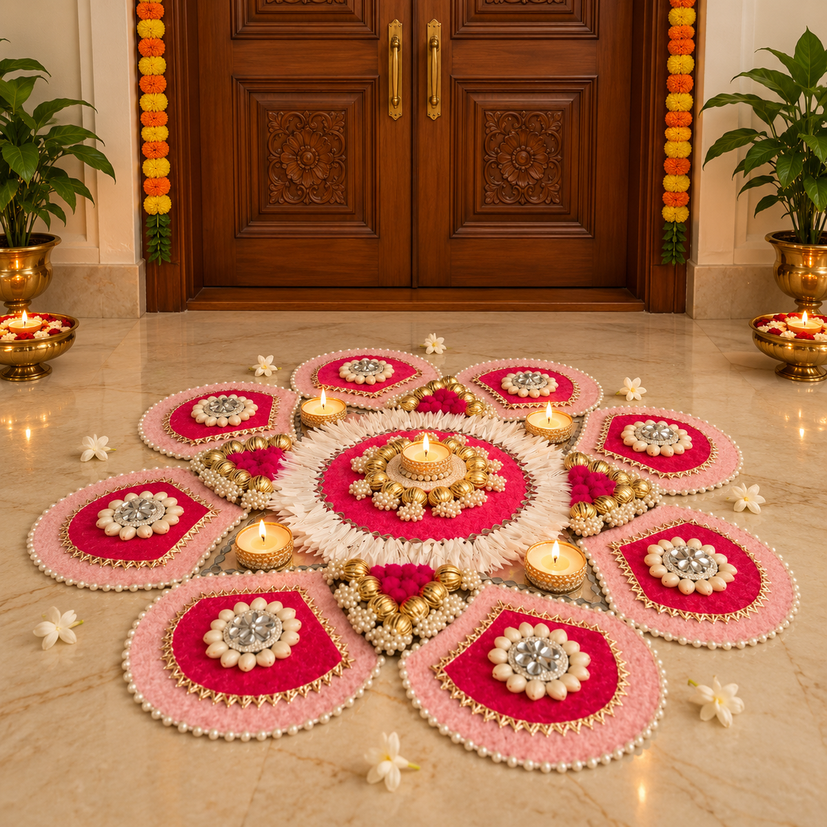 Handcrafted Pink Lotus Diya Rangoli Set with Tea Light Holders