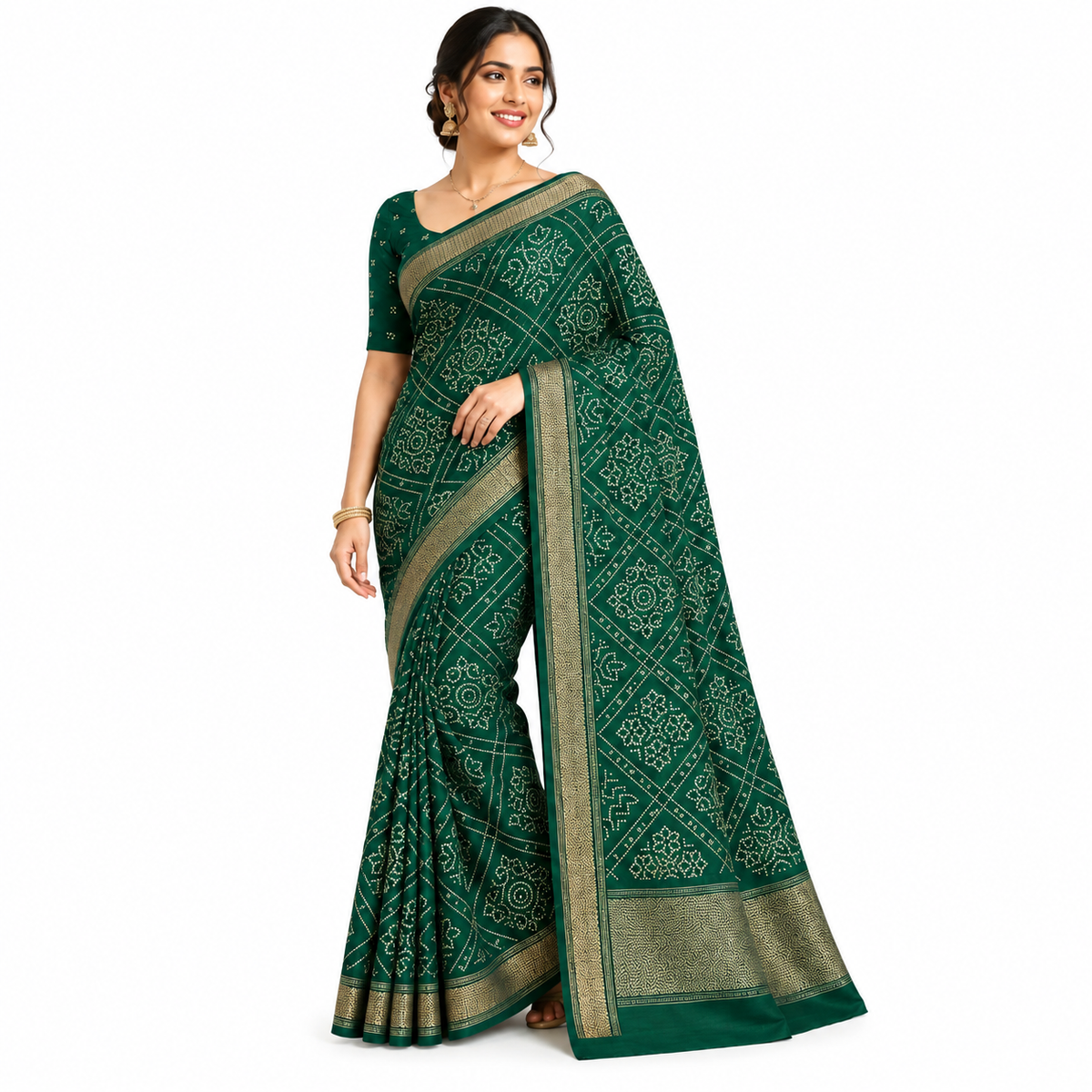 Elegant Green Crepe Chiffon Bandhani Saree with Silver Border