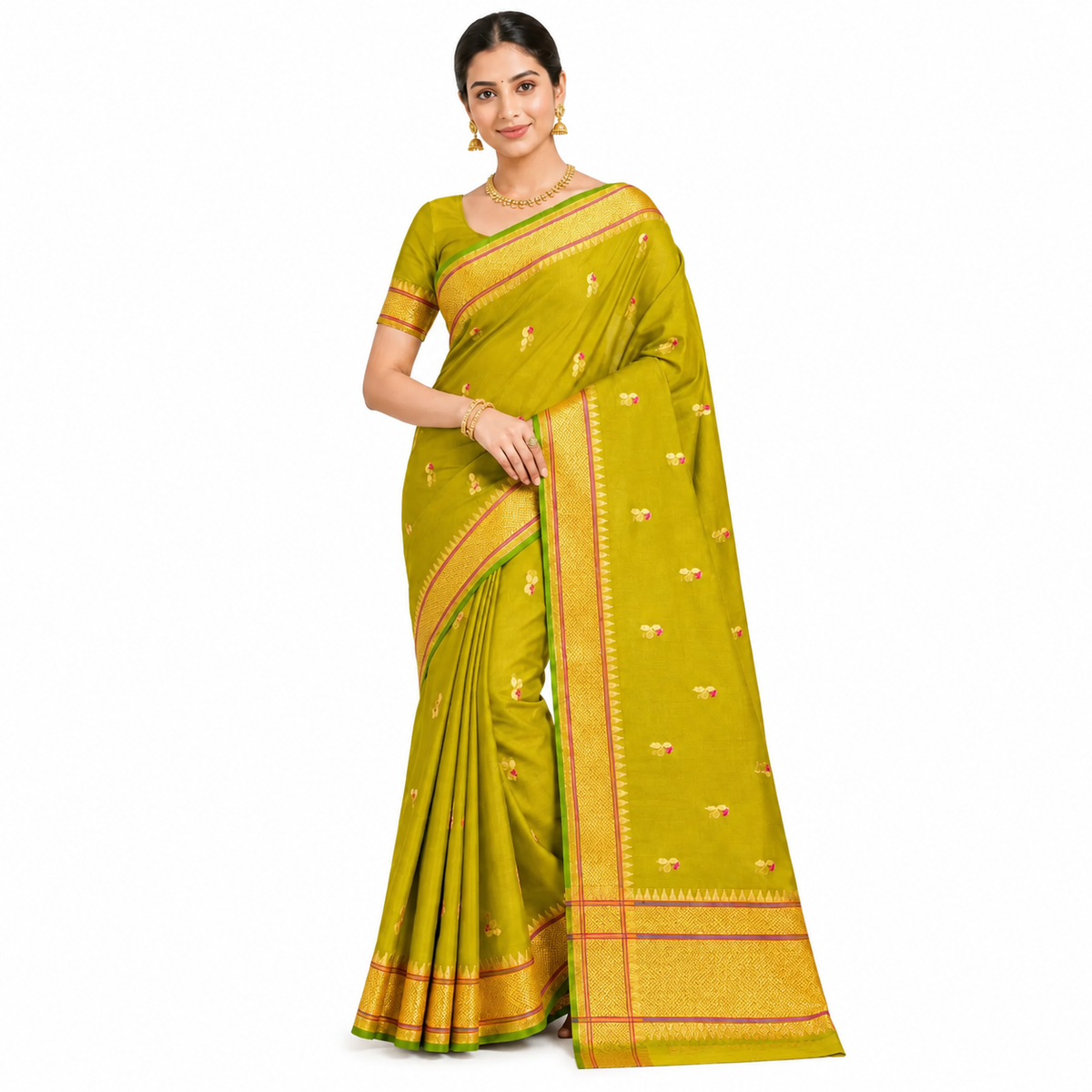 Olive Green Paithani Saree with Gold and Pink Peacock Bhutta