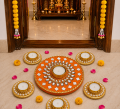 Handcrafted Pink Mirror Rangoli Set with Crystal Diya Holders