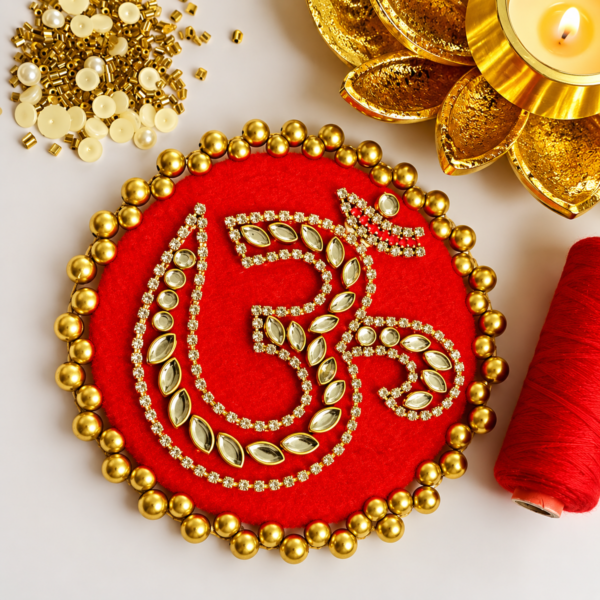 OM Decorative Rangoli – White Diamond & Gold Motifs on Round MDF with Gold Beads