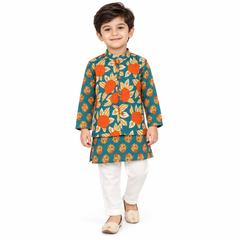 Aqua Blue Kurta Pajama Set with Floral Nehru Jacket