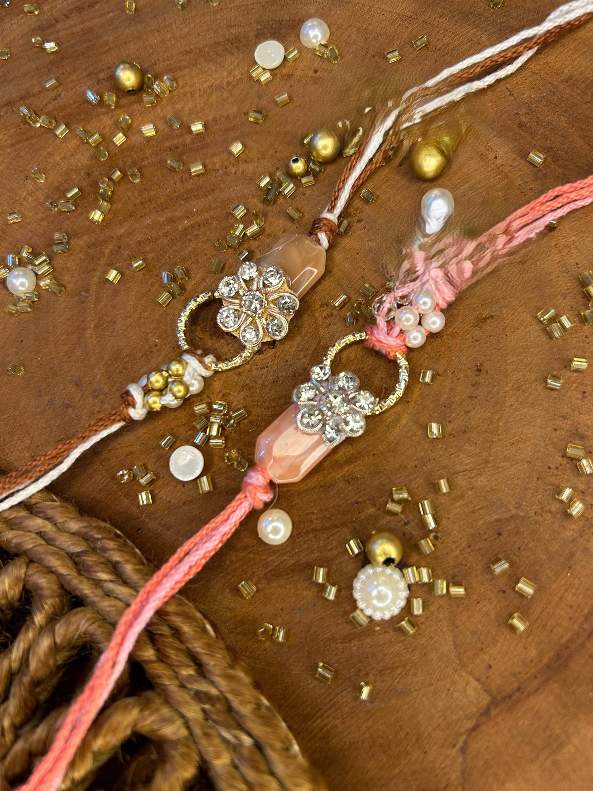 Floral Rakhi Bracelet with Pink Beads