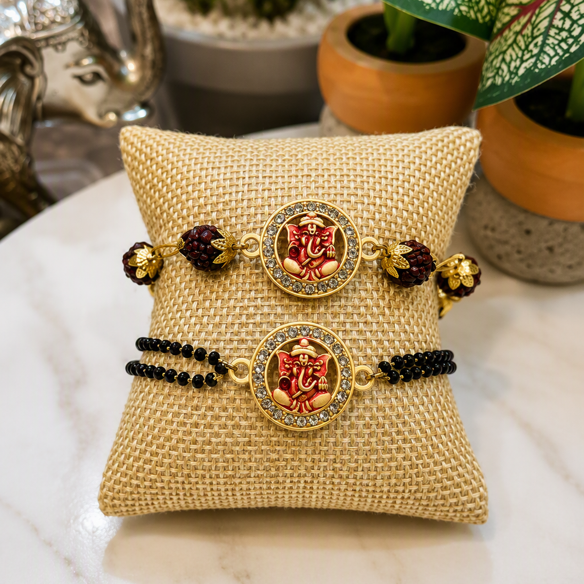 Pair of Handcrafted Lord Ganesha Designer Rakhis – Rudraksha & Black Bead Rakhi Set