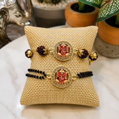 Pair of Handcrafted Lord Ganesha Designer Rakhis – Rudraksha & Black Bead Rakhi Set