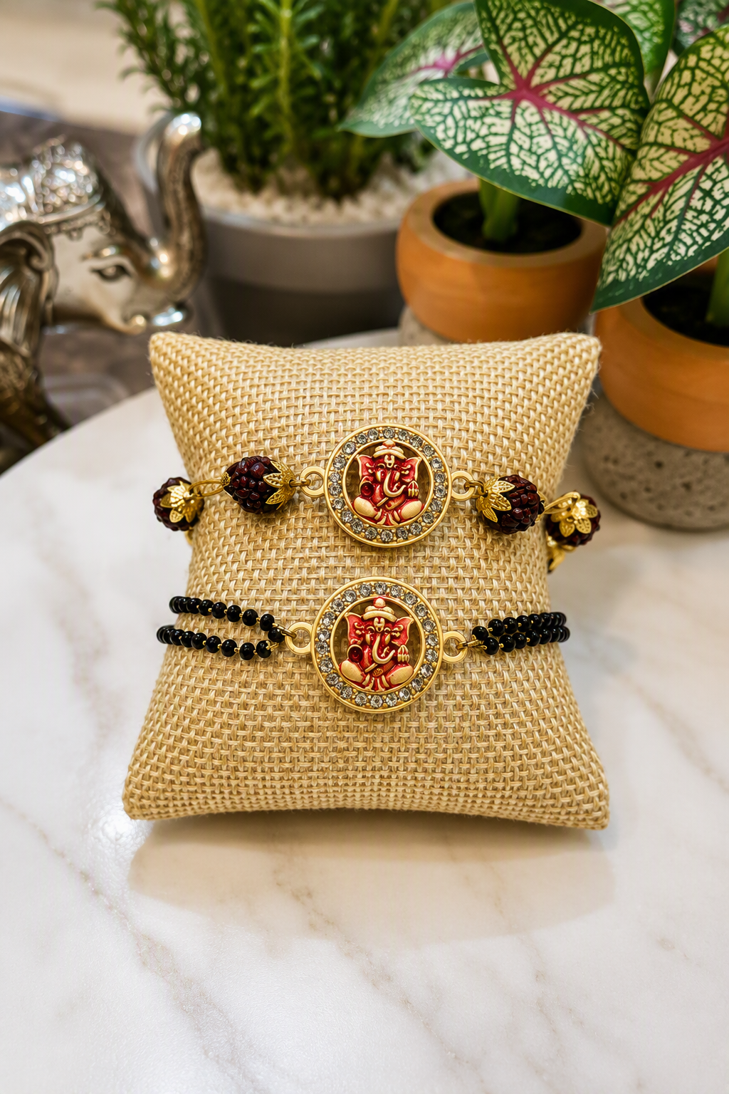 Pair of Handcrafted Lord Ganesha Designer Rakhis – Rudraksha & Black Bead Rakhi Set
