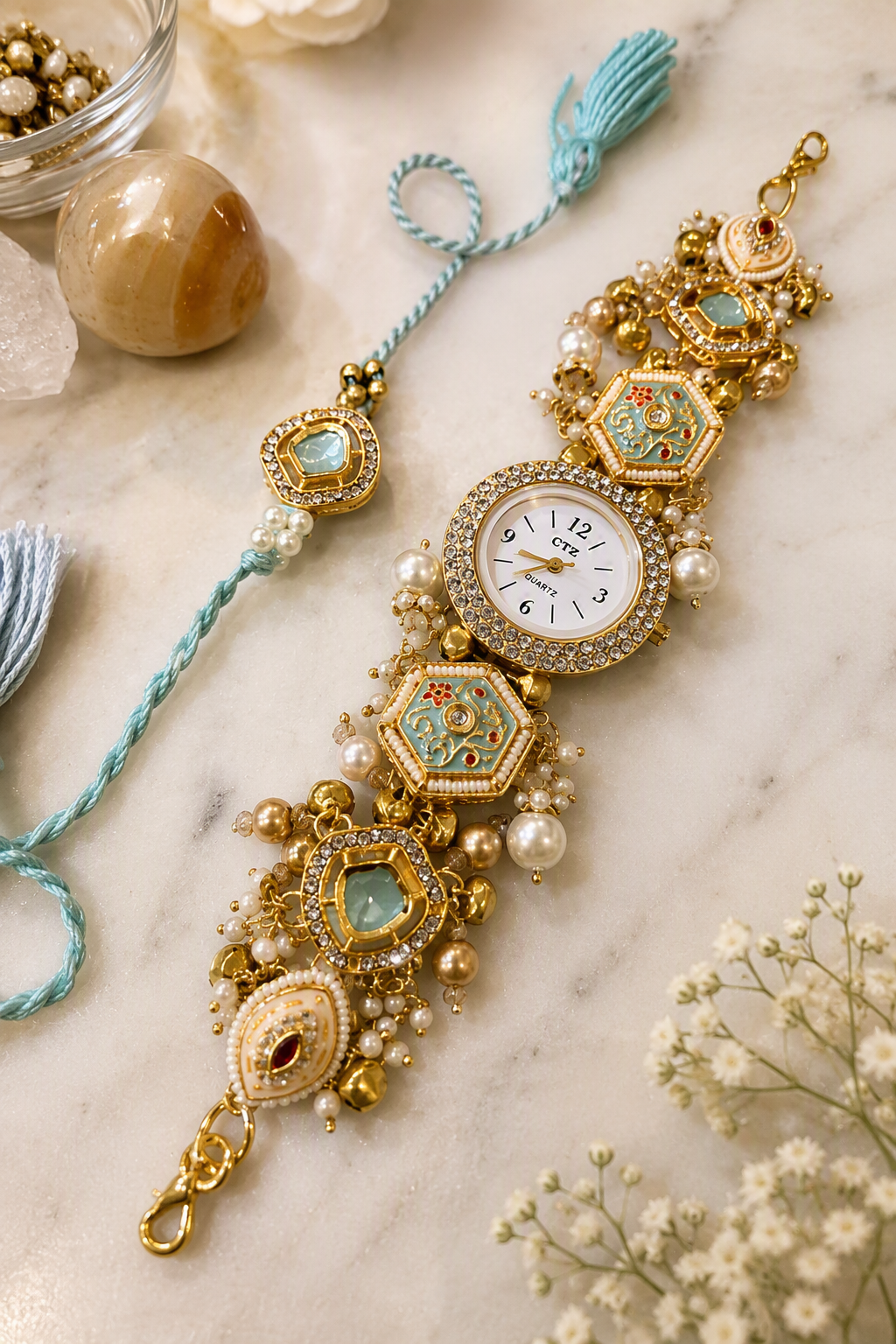 Handcrafted Designer Rakhi Bracelet Watch with Pearl & Kundan Embellishments