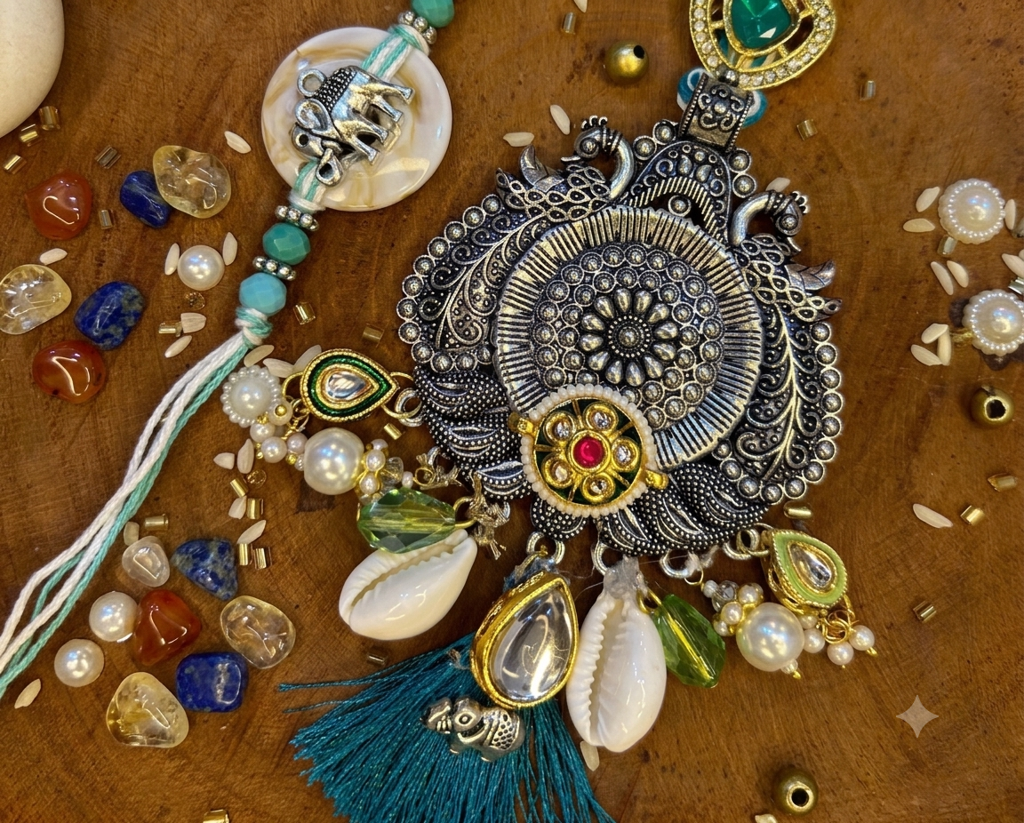 Peacock, Cowrie Shell & Elephant Rakhi