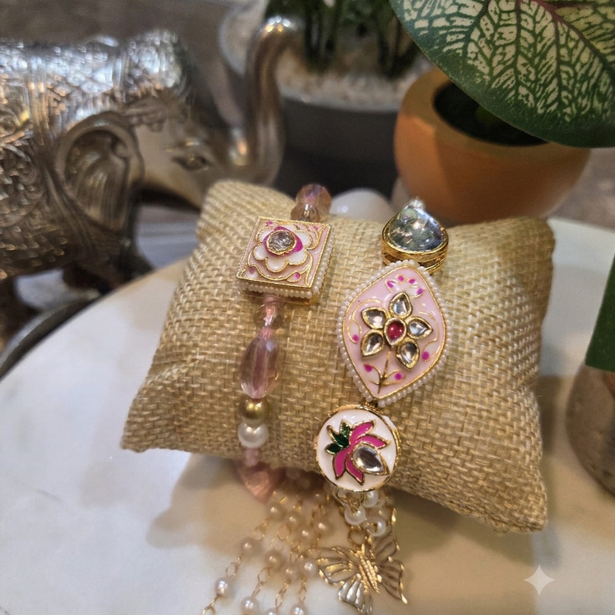Bhaiyaa Bhabhi Handcrafted Pink Floral Kundan Rakhis with Pearl & Crystal Beads