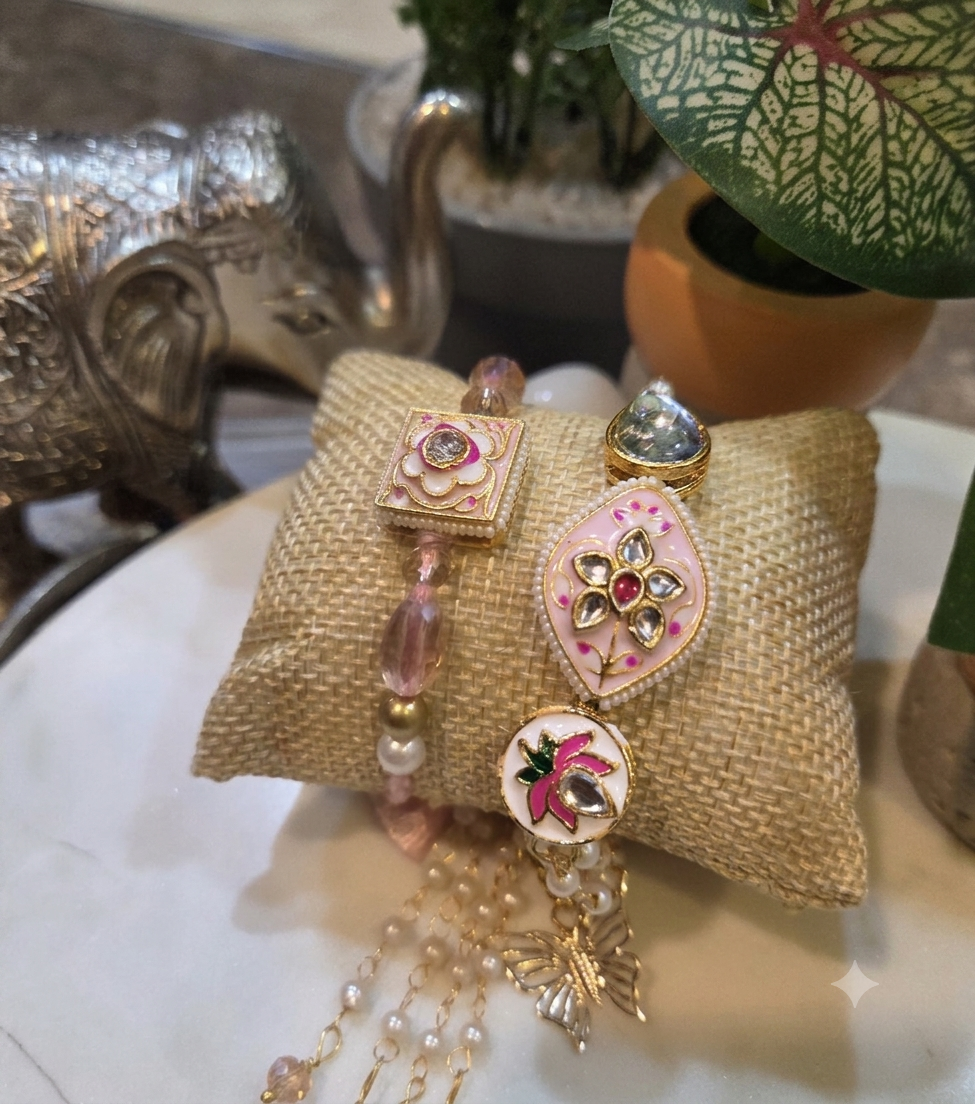 Bhaiyaa Bhabhi Handcrafted Pink Floral Kundan Rakhis with Pearl & Crystal Beads