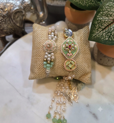 Bhaiyaa Bhabhi  Mint Kundan Rakhis with Pearl & Crystal Beads