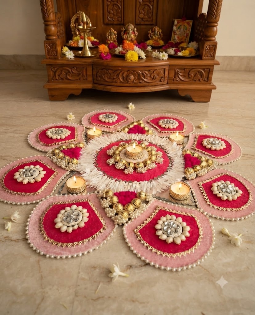 Handcrafted Pink Lotus Diya Rangoli Set with Tea Light Holders