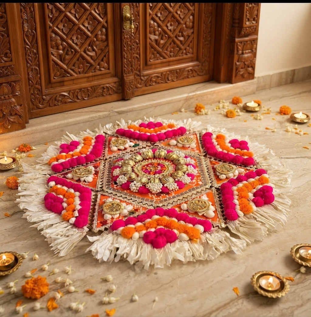 Handcrafted Pink Felt Floral Tealight Rangoli Set with Mirror & Pearl Accents