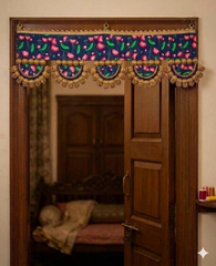 Handcrafted Navy Blue & Pink Lotus Floral Toran with Antique Gold Bead Embellishments