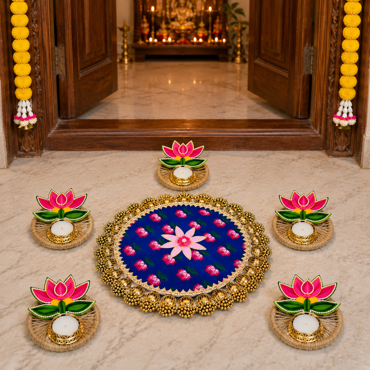 Handcrafted Royal Blue Floral Rangoli Set with Lotus Diya Holders