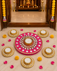 Handcrafted Pink Mirror Rangoli Set with Crystal Diya Holders