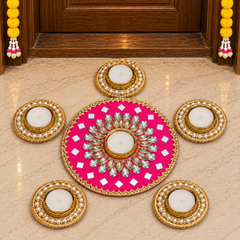 Handcrafted Pink Mirror Rangoli Set with Crystal Diya Holders