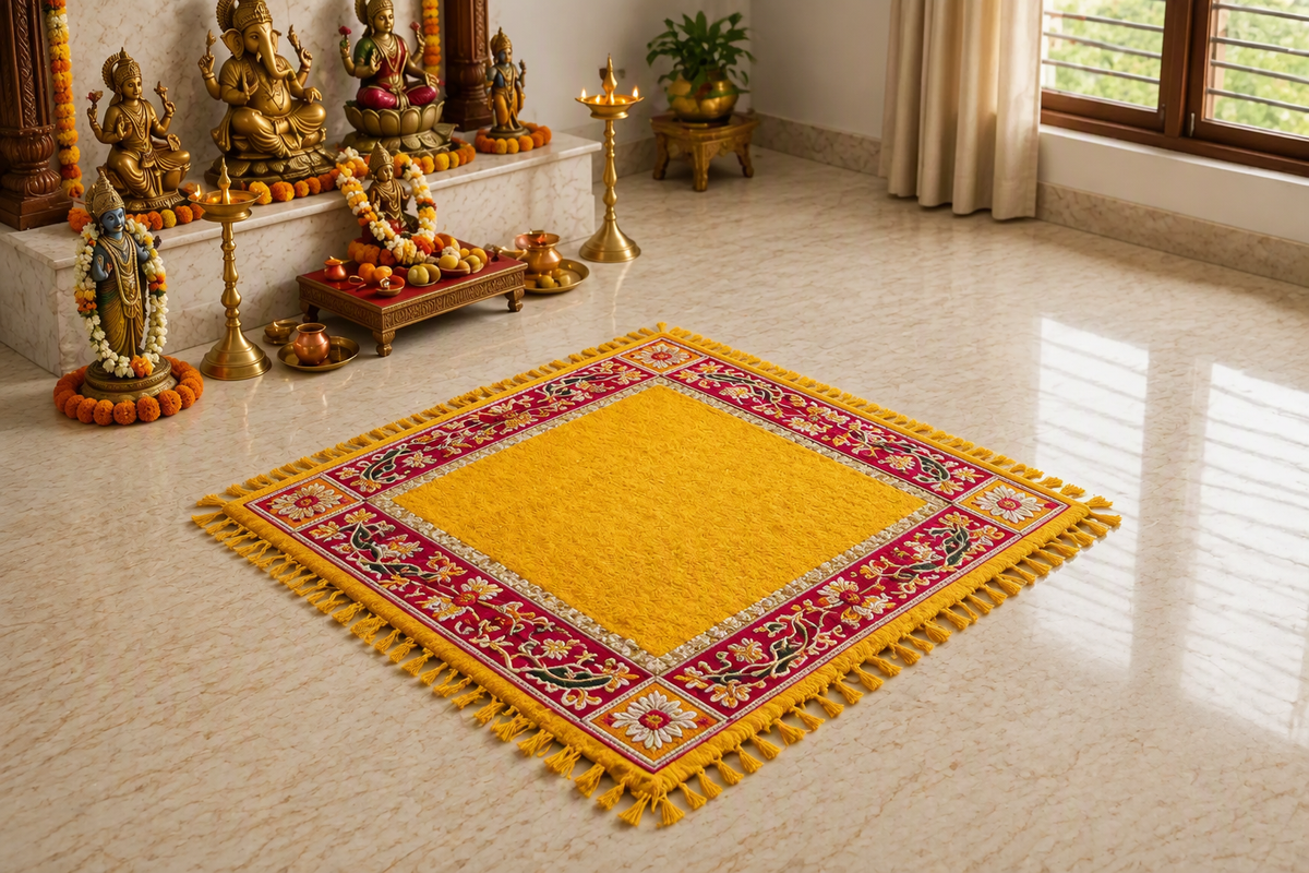 Yellow Peacock Royale Puja Mat