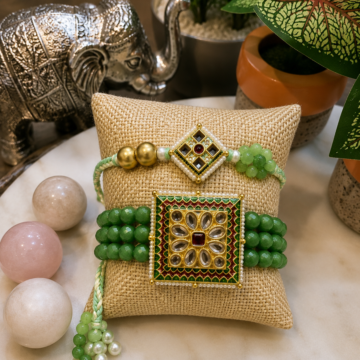 Pair of Handcrafted Emerald Kundan Rakhis with Green Beads