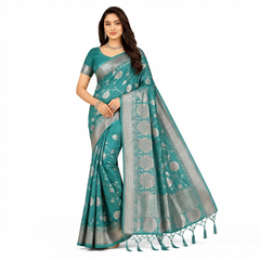 Teal Silk Saree with Silver Zari Floral Border