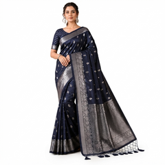 Navy Blue Silk Saree with Silver Zari Motifs