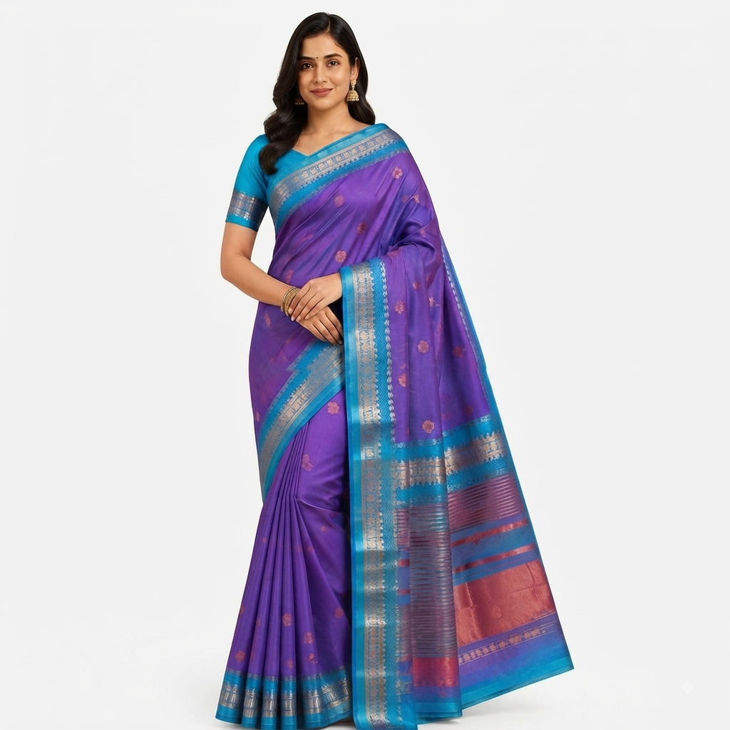 Teal & Purple Silk Saree with Zari Border