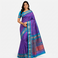 Teal & Purple Silk Saree with Zari Border