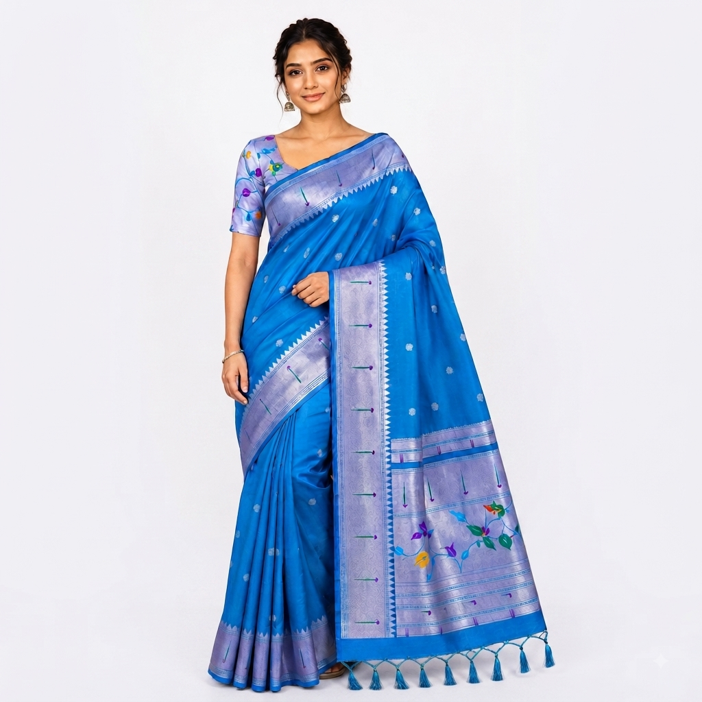 Sky Blue Floral Silk Saree with Tassels
