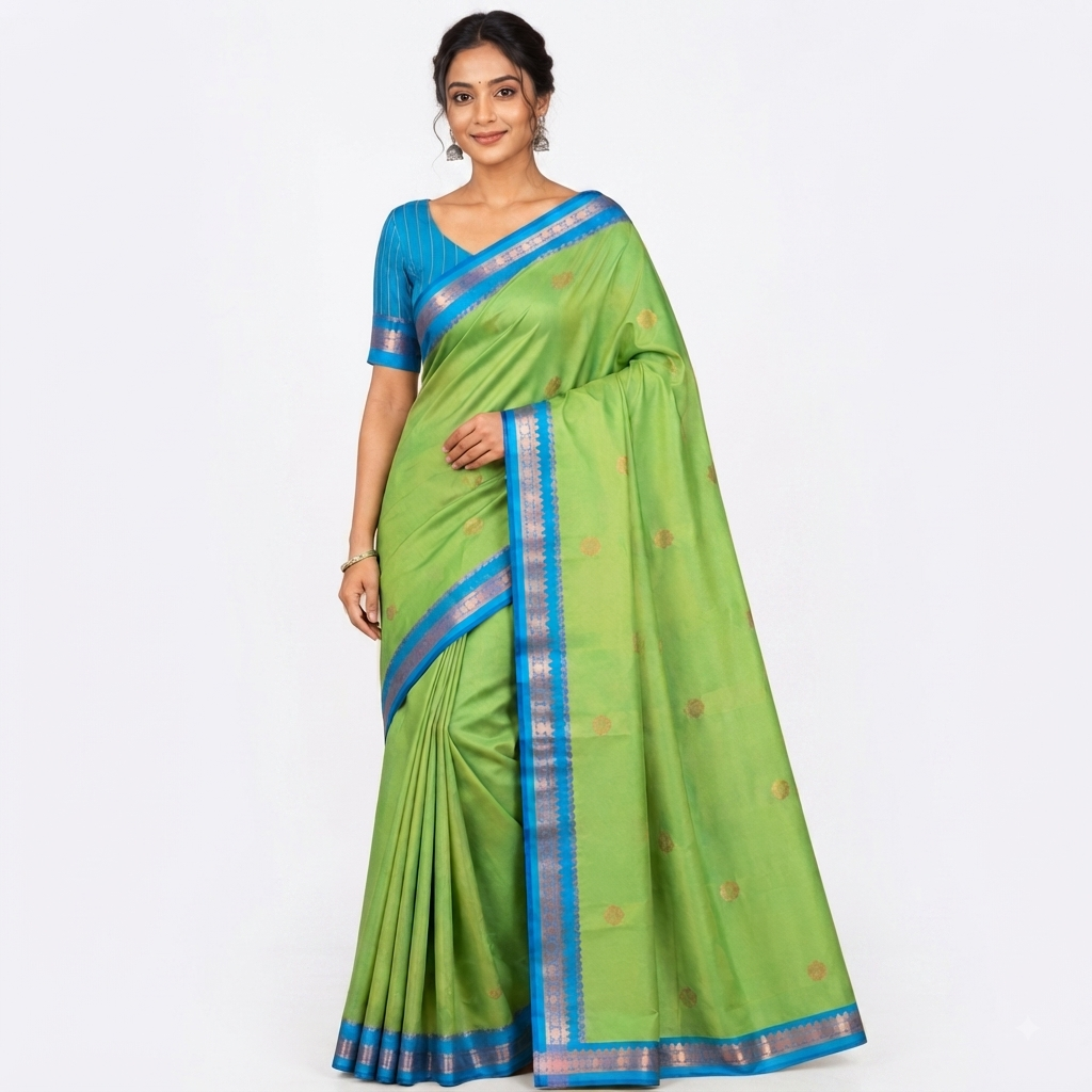 Blue & Green Contrast Silk Saree with Gold Pallu