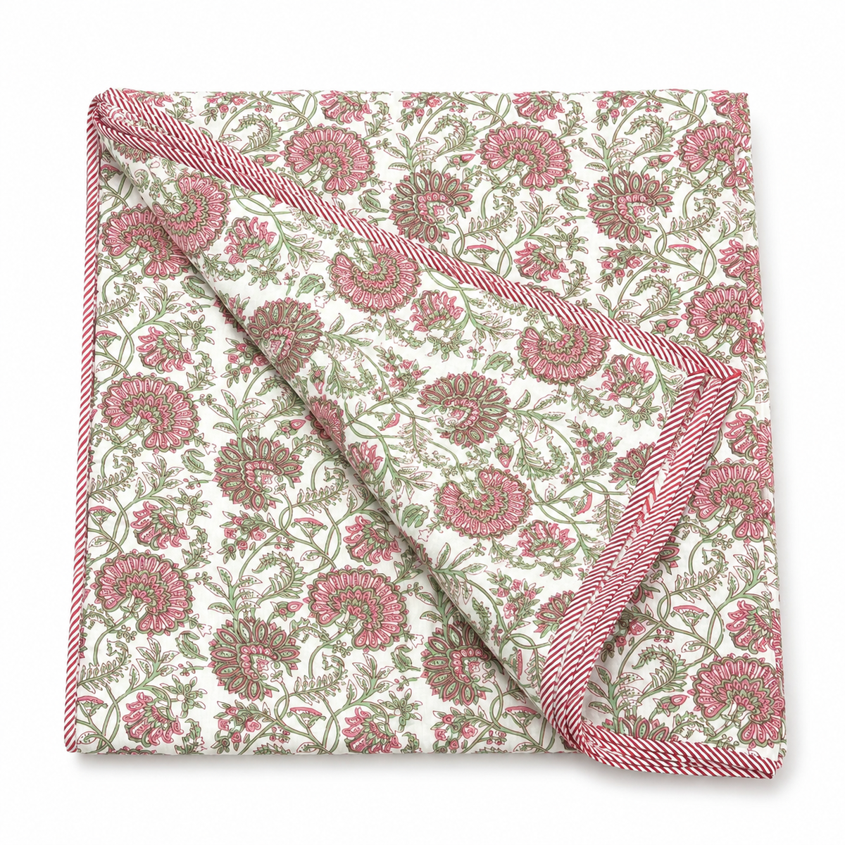 Pink & Green Floral Block Print Double Bed Dohar