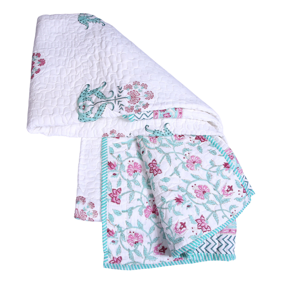 Single Bed Comforter Set of 2 Quilted Cotton Pink & Mint Floral Print