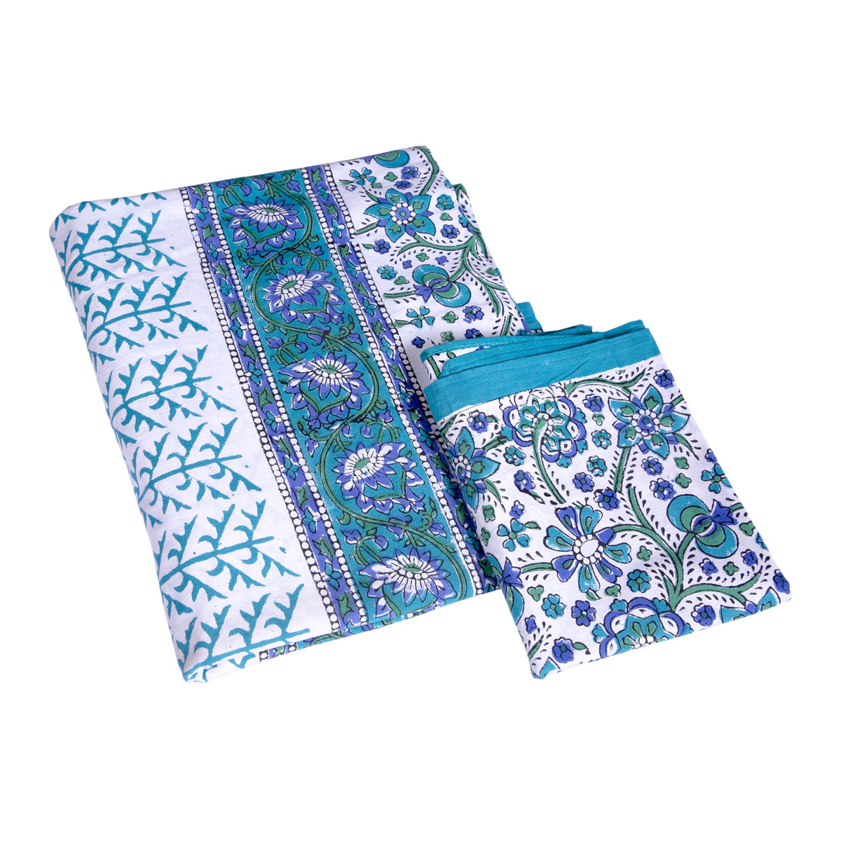Handcrafted Cotton Bedding Set with Teal Blue Floral Print