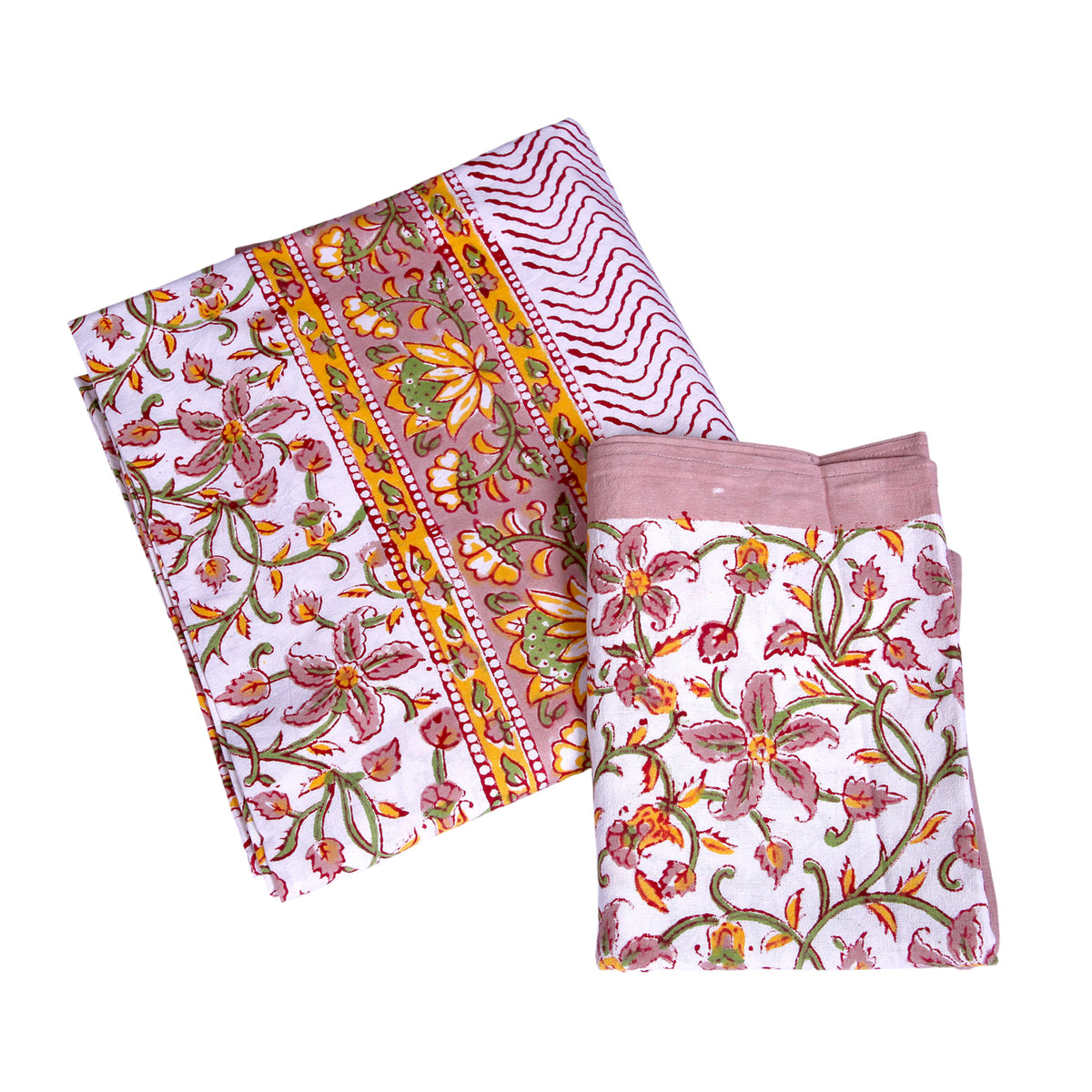 Handcrafted Cotton Bedding Set with Blush Pink & Mustard Floral Print