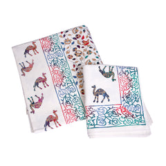 Handcrafted Cotton Bedding Set with Camel Motif & Floral Border Print