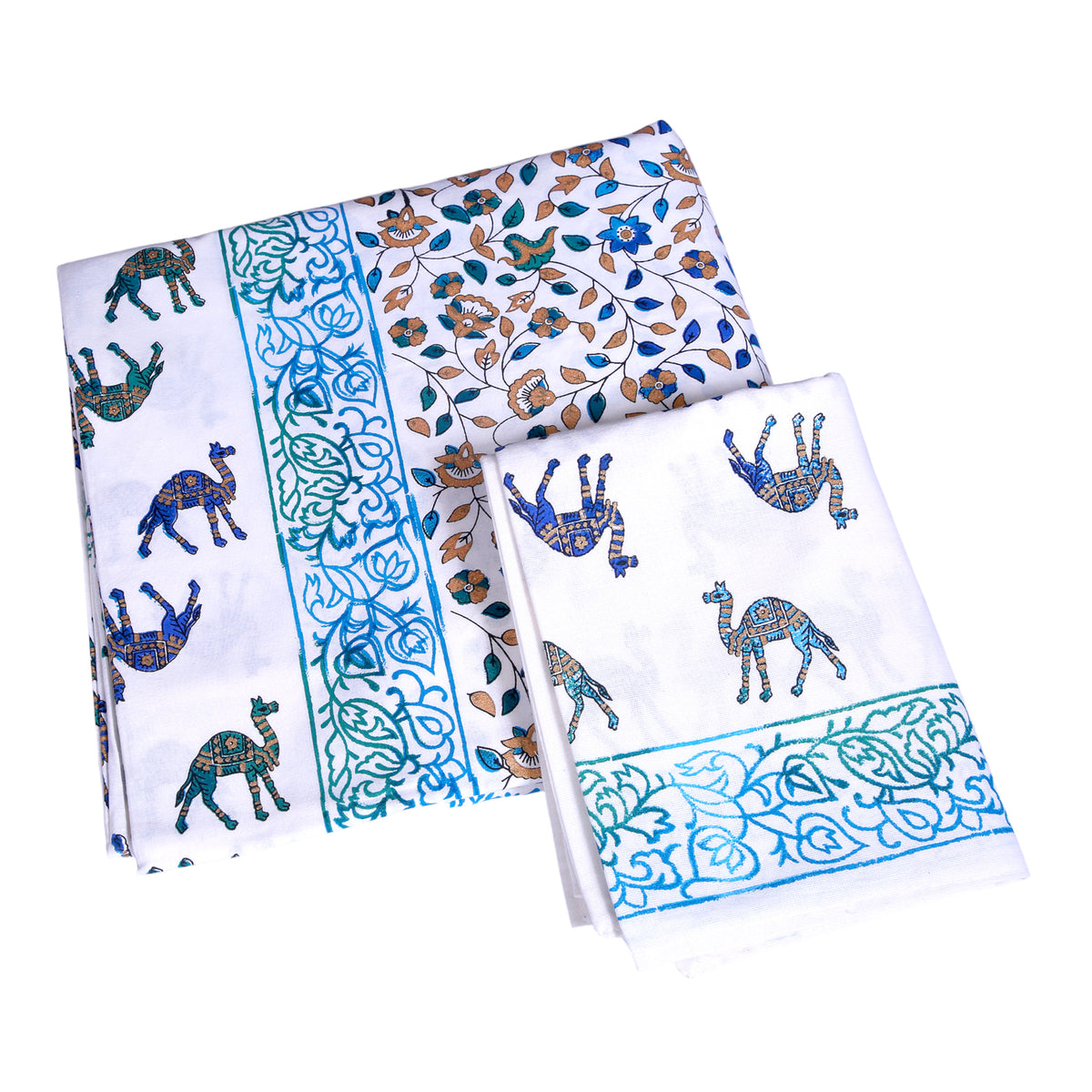 Handcrafted Cotton Bedding Set with Blue Camel Motif & Floral Print