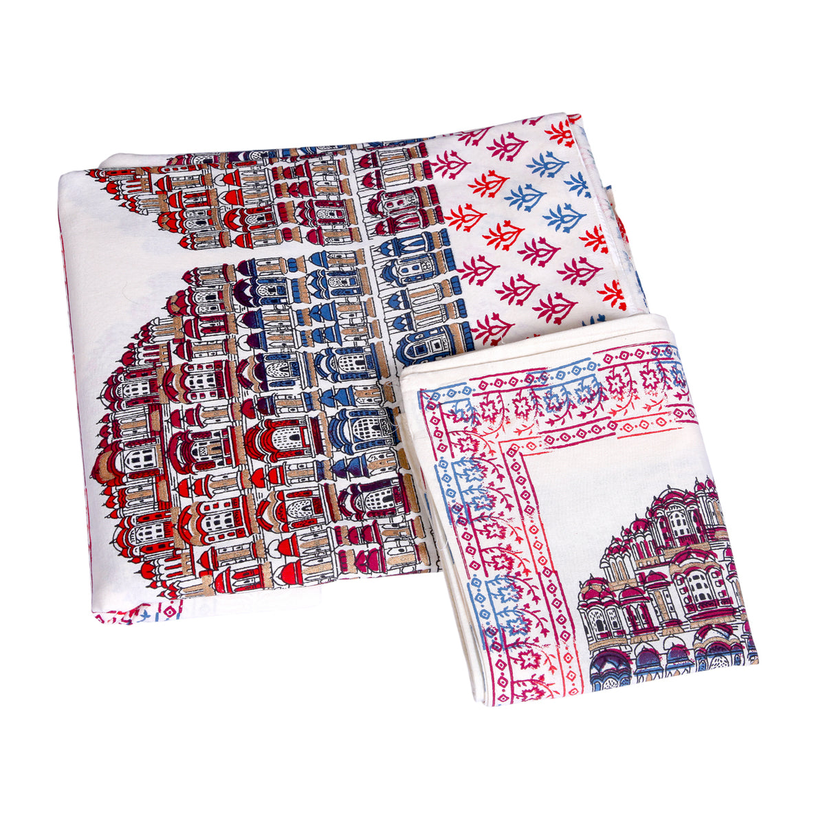 Handcrafted Cotton Bedding Set with Red & Blue Architectural Print
