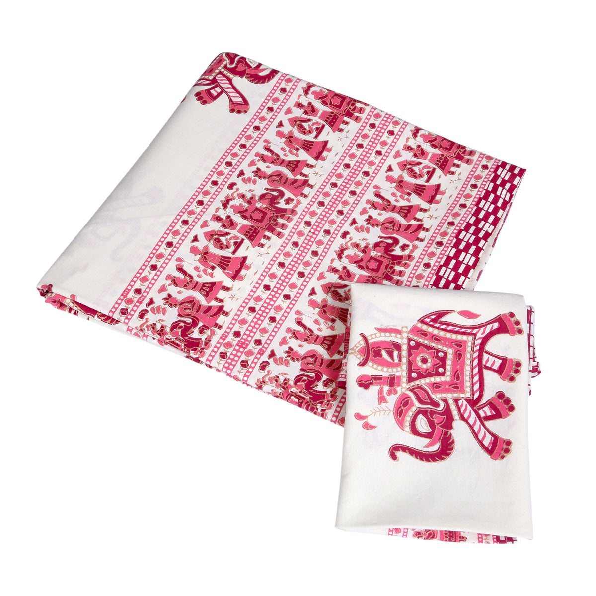 Ivory & Pink Elephant Motif Printed Bedsheet Set